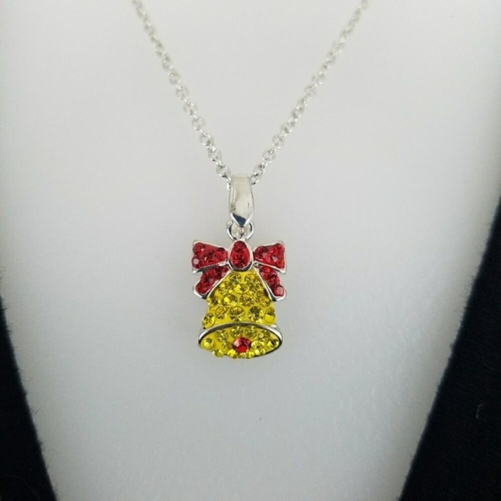 NEW Crystal Christmas Bell White Gold Plated Yellow Red Christmas Necklace